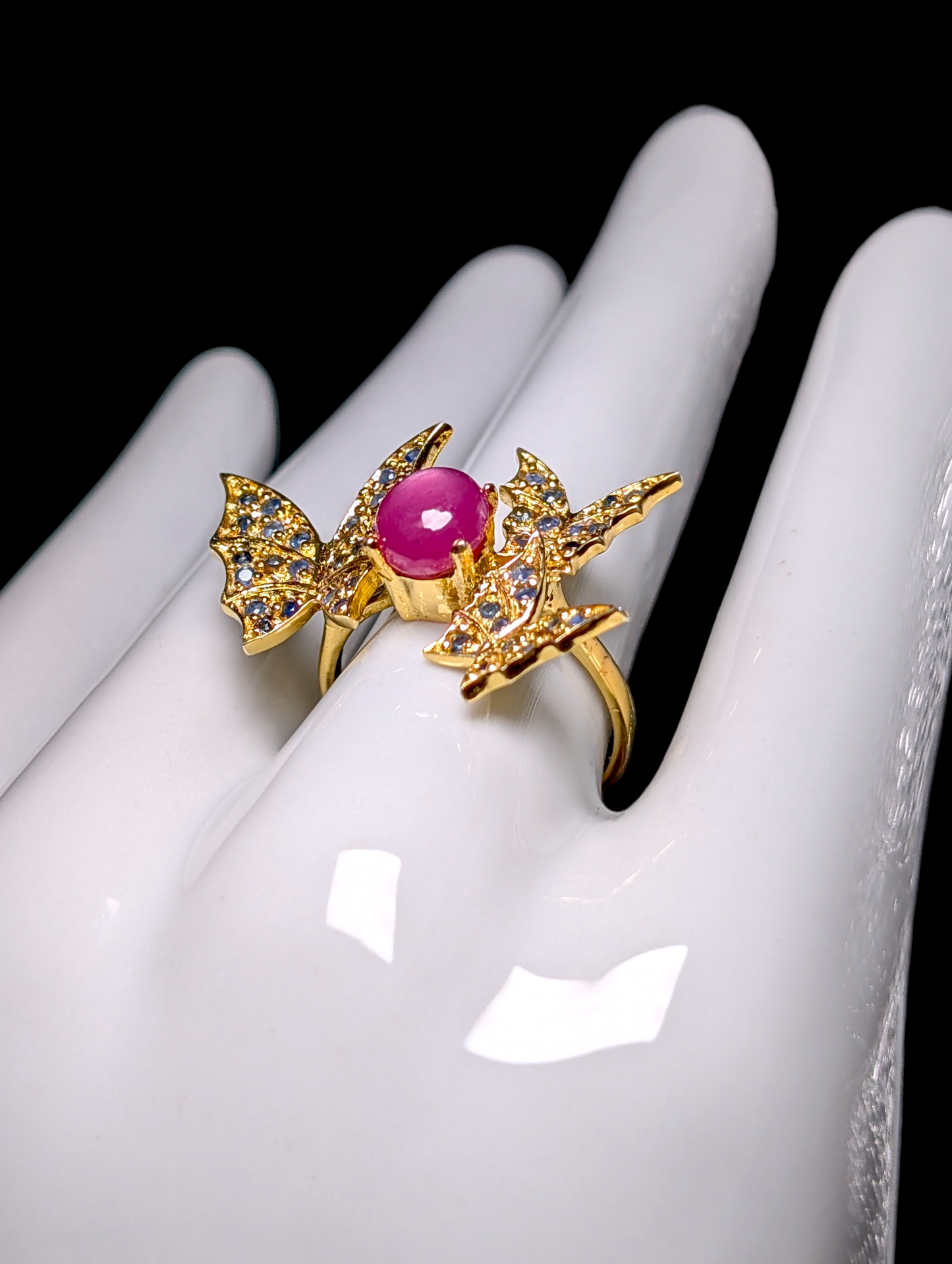 Vintage Inspired Butterflies with Verified Ruby and Blue Sapphire Gold over Sterling Silver Ring