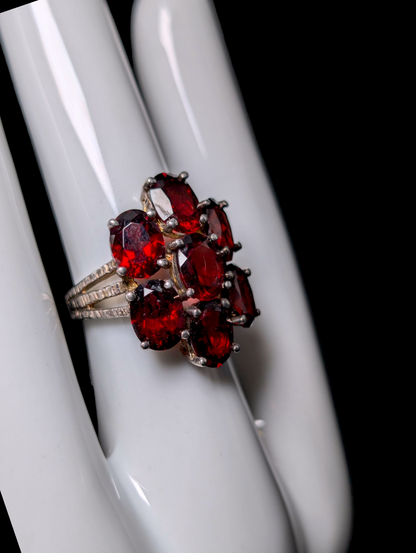 Vintage Genuine Red Garnet Cluster Sterling Silver Ring