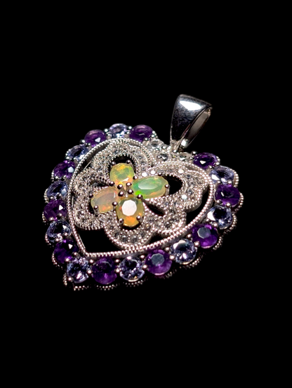 Vintage Butterfly and Heart Genuine Ethiopian Opal, Amethyst, Tanzanite and White Topaz Halo Sterling Silver Pendant