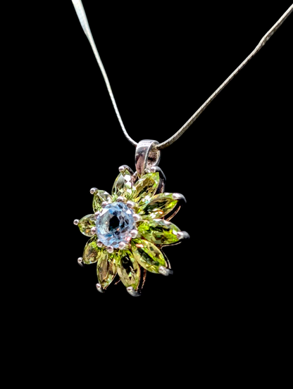 Vintage Genuine Peridot and Topaz Flower Pendant Herringbone Sterling Silver Necklace