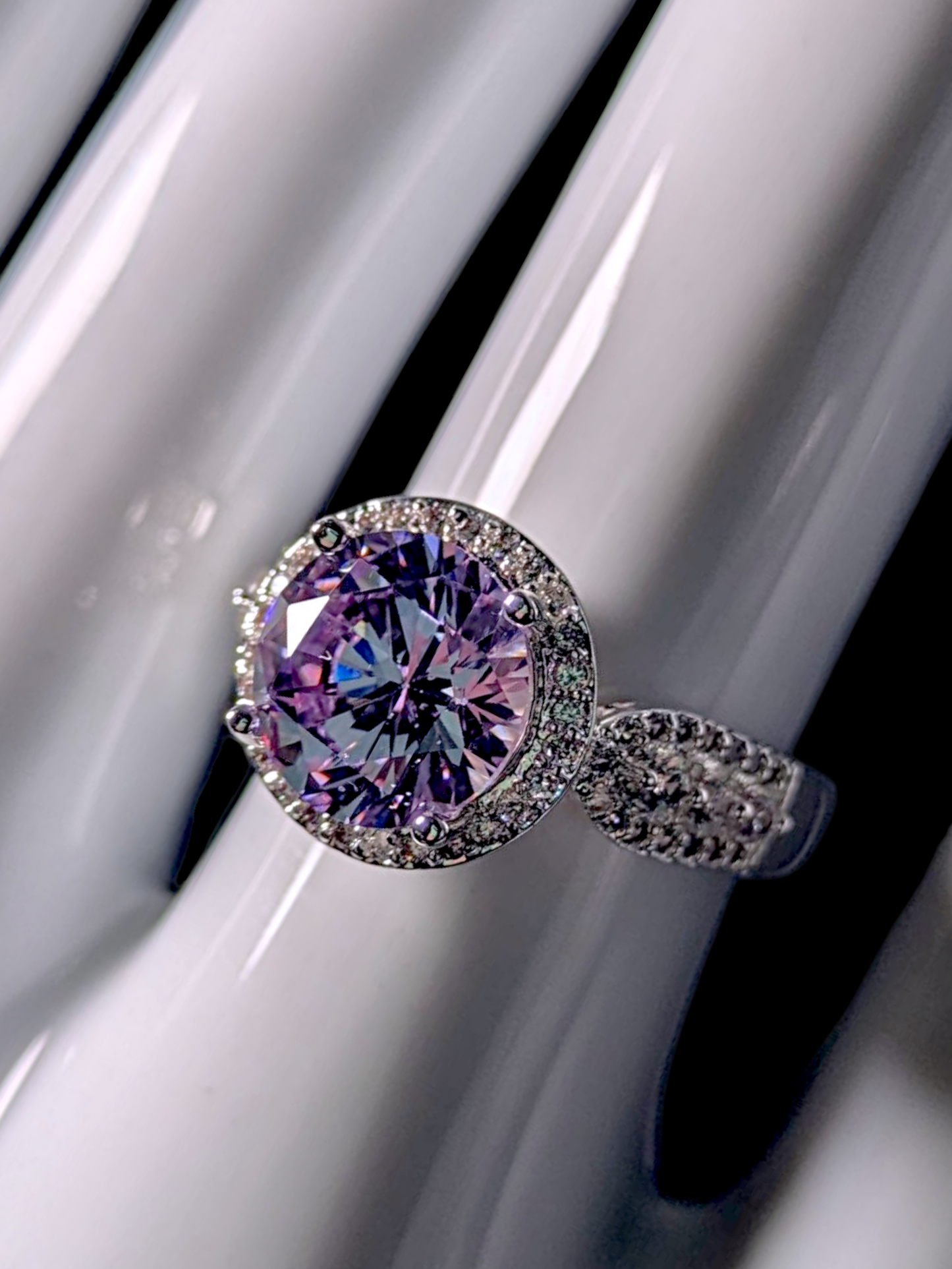Vintage Inspired Round Brilliant Cut Simulated Purple Sapphire Solitaire with Simulated Diamond Halo Silver Toned Ring