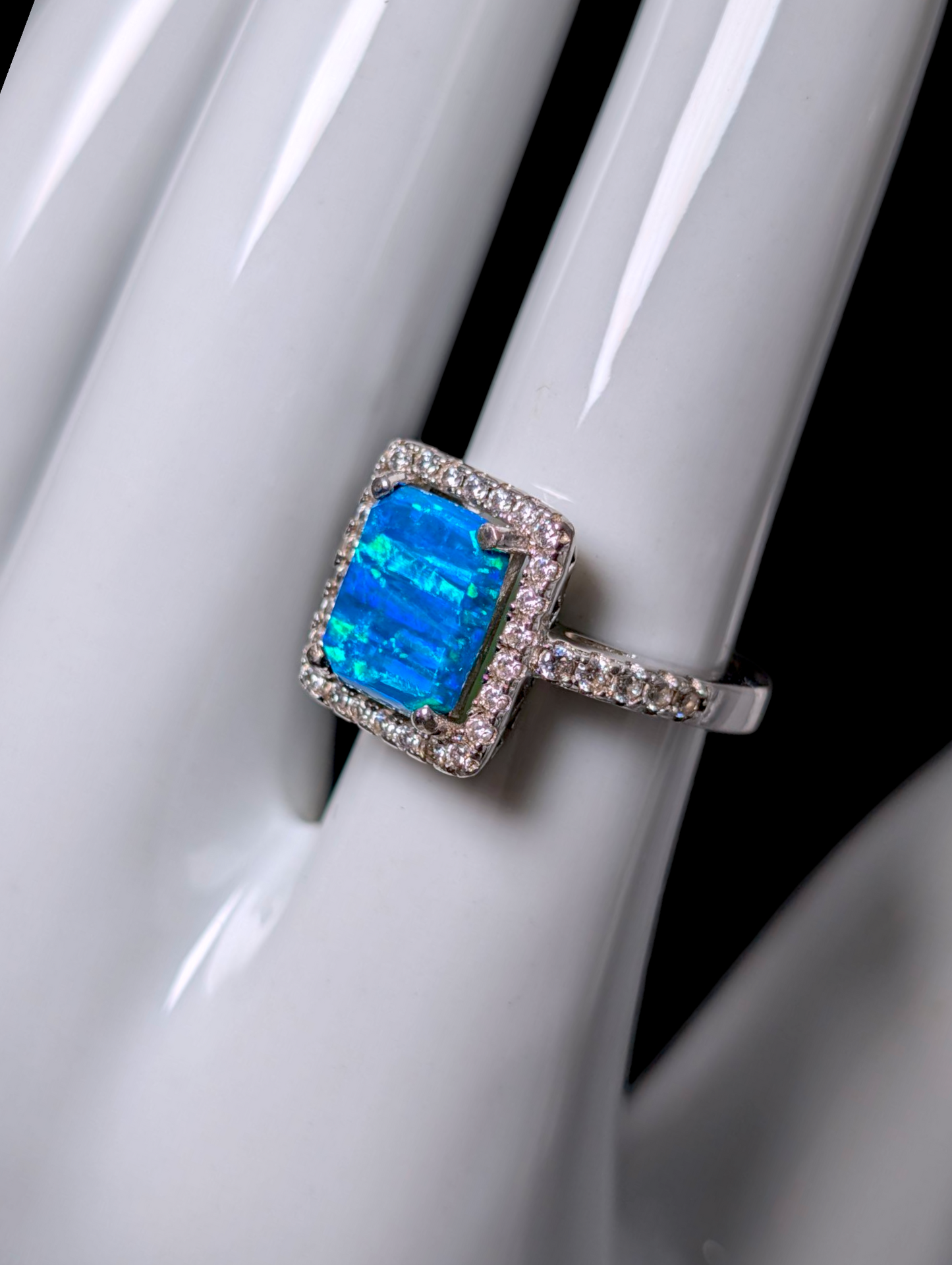 Vintage Inspired Rectangular Slate Cut Simulated Blue Opal and Simulated Diamond Halo Sterling Silver Ring