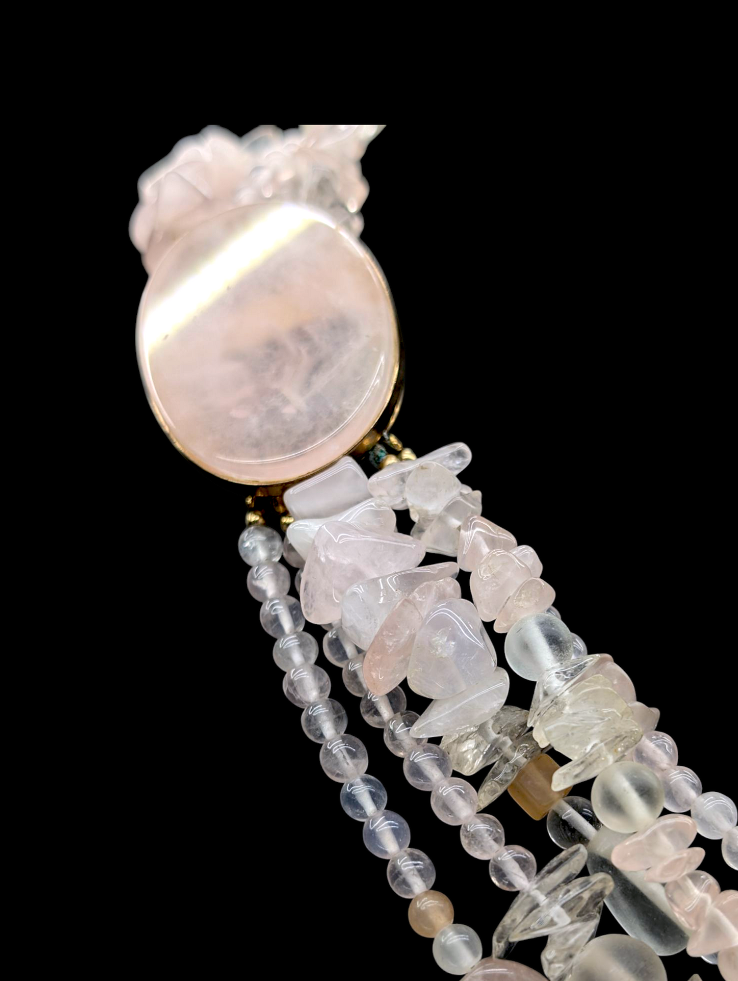 Vintage Genuine Rose Quartz, Spinel, Jade and Crystal 5 Strand 18k Vermeil Necklace