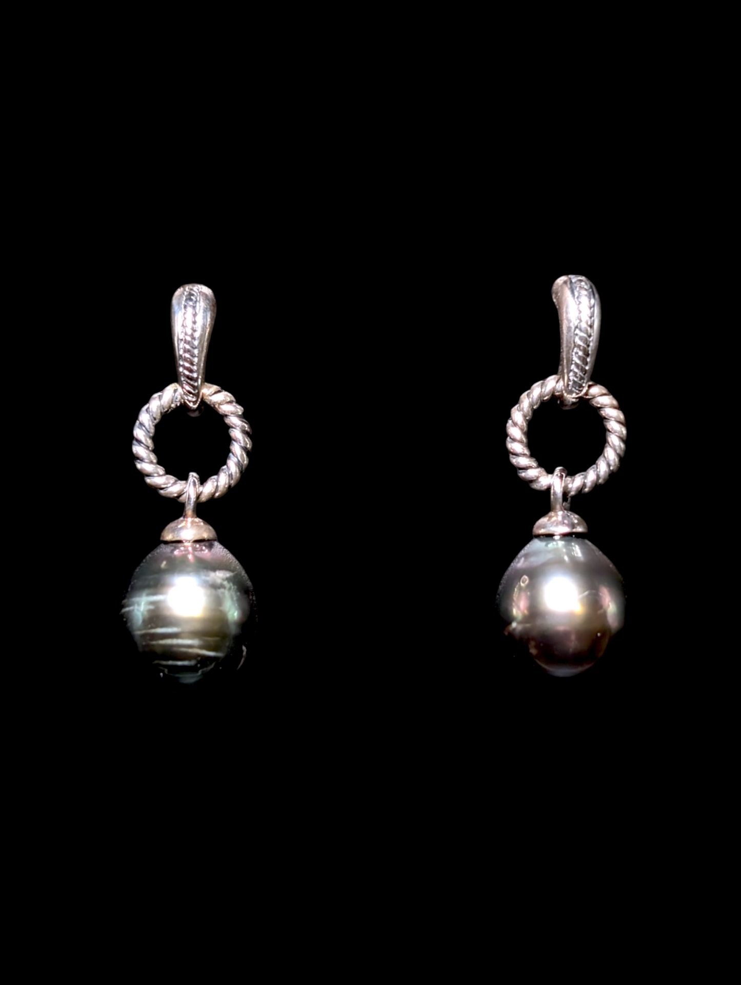 Vintage Genuine Tahitian Black Pearl Drop Sterling Silver Twisted Rope Dangle Earrings