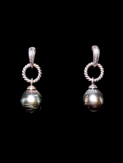 Vintage Genuine Tahitian Black Pearl Drop Sterling Silver Twisted Rope Dangle Earrings