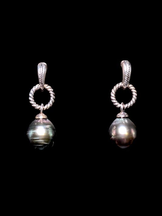 Vintage Genuine Tahitian Black Pearl Drop Sterling Silver Twisted Rope Dangle Earrings
