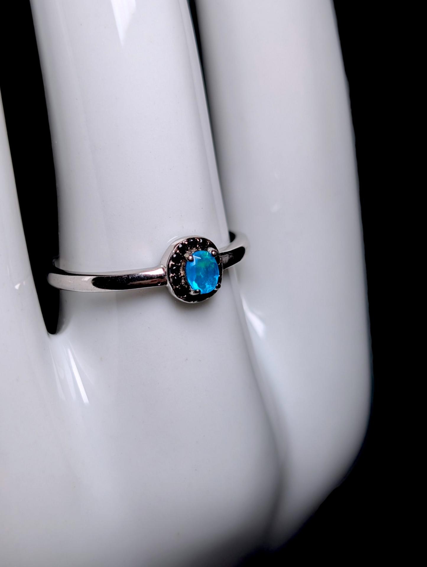 Vintage Dainty Oval Cut Genuine Blue Opal Solitaire with Black Onyx Halo Sterling Silver Stackable Ring