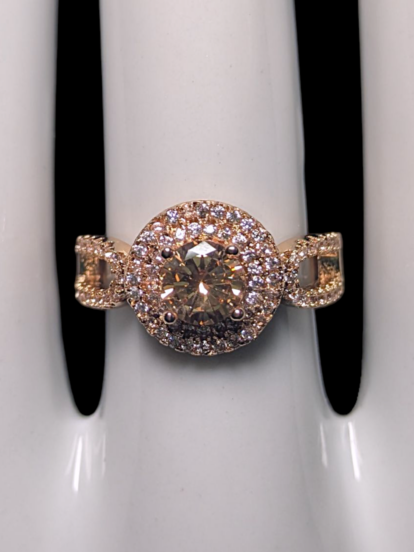 Vintage Inspired Round Cut Simulated Citrine Solitaire with Simulated Diamond Double Halo Gold Toned Ring