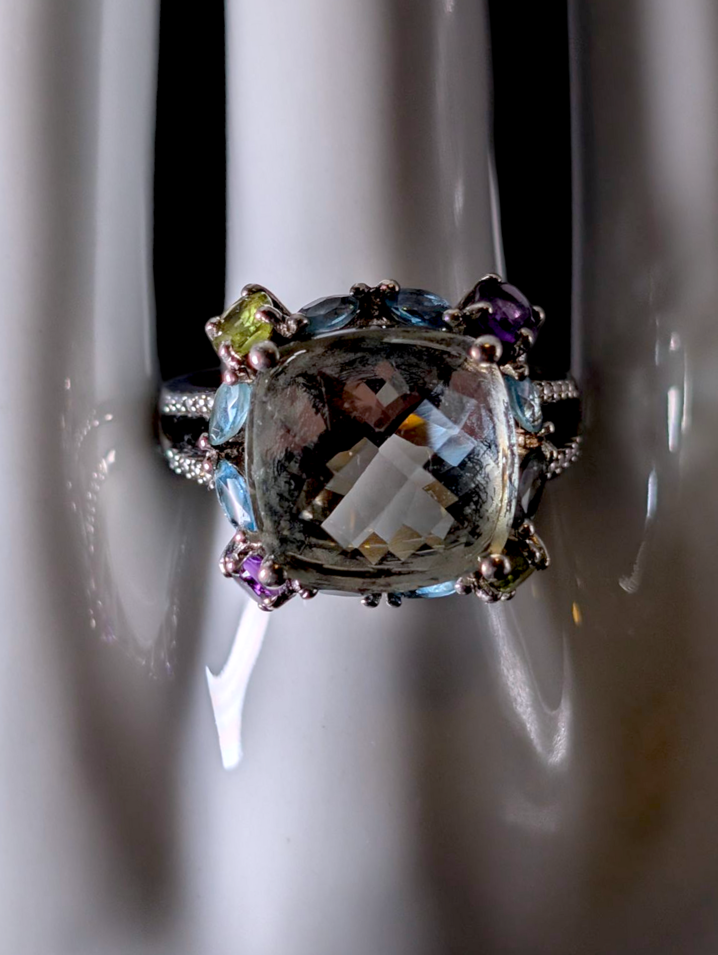 Vintage Multi-Gemstone 9 Carat Solitaire Genuine Prasiolite, Topaz, Amethyst and Peridot Sterling Silver Statement Ring