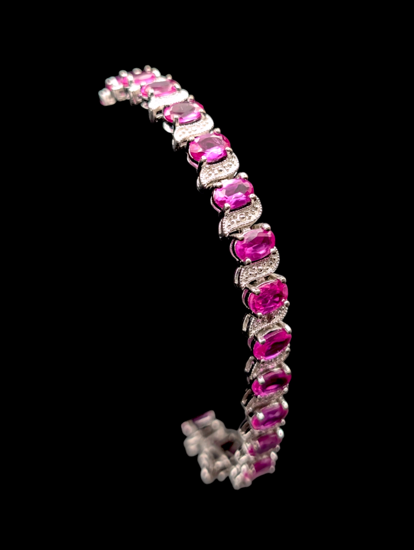 Vintage Inspired Genuine Pink Ruby 925 Sterling Silver Tennis Bracelet