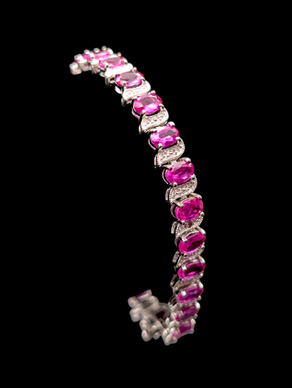 Vintage Inspired Genuine Pink Ruby 925 Sterling Silver Tennis Bracelet