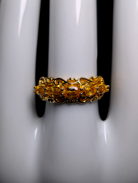 Vintage East West Oval Cut Genuine Yellow Sapphire 18k Yellow Gold Vermeil Filigree Ring