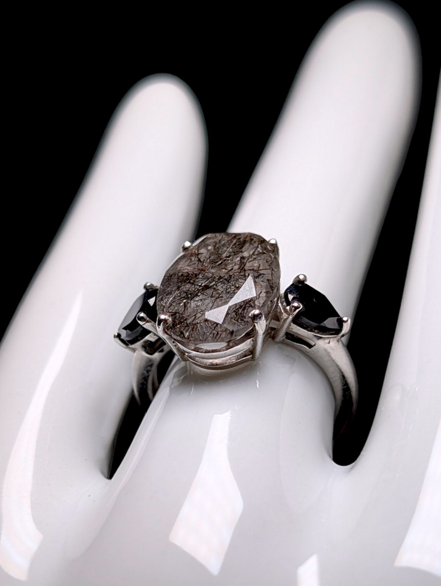 Vintage Oval Cut Earth Mined Genuine Rutilated Quartz and Black Onyx Sterling Silver Statement Ring