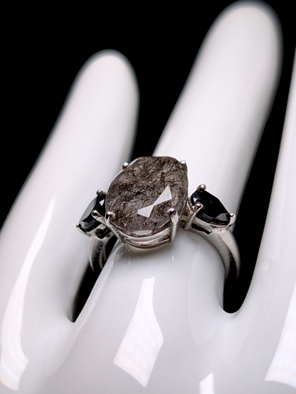 Vintage Oval Cut Earth Mined Genuine Rutilated Quartz and Black Onyx Sterling Silver Statement Ring