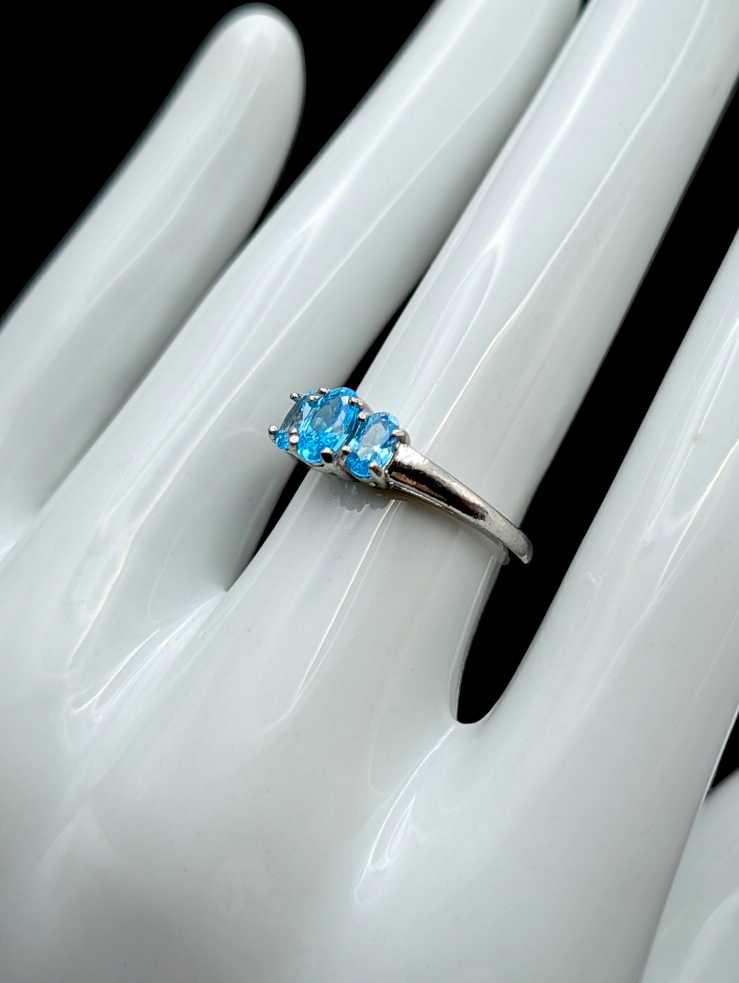 Vintage Dainty Trio Simulated Swiss Blue Topaz Sterling Silver Ring