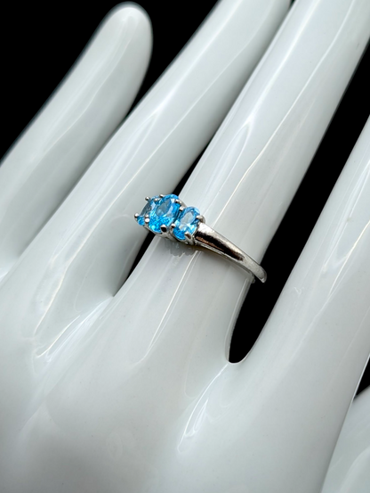 Vintage Dainty Trio Simulated Swiss Blue Topaz Sterling Silver Ring