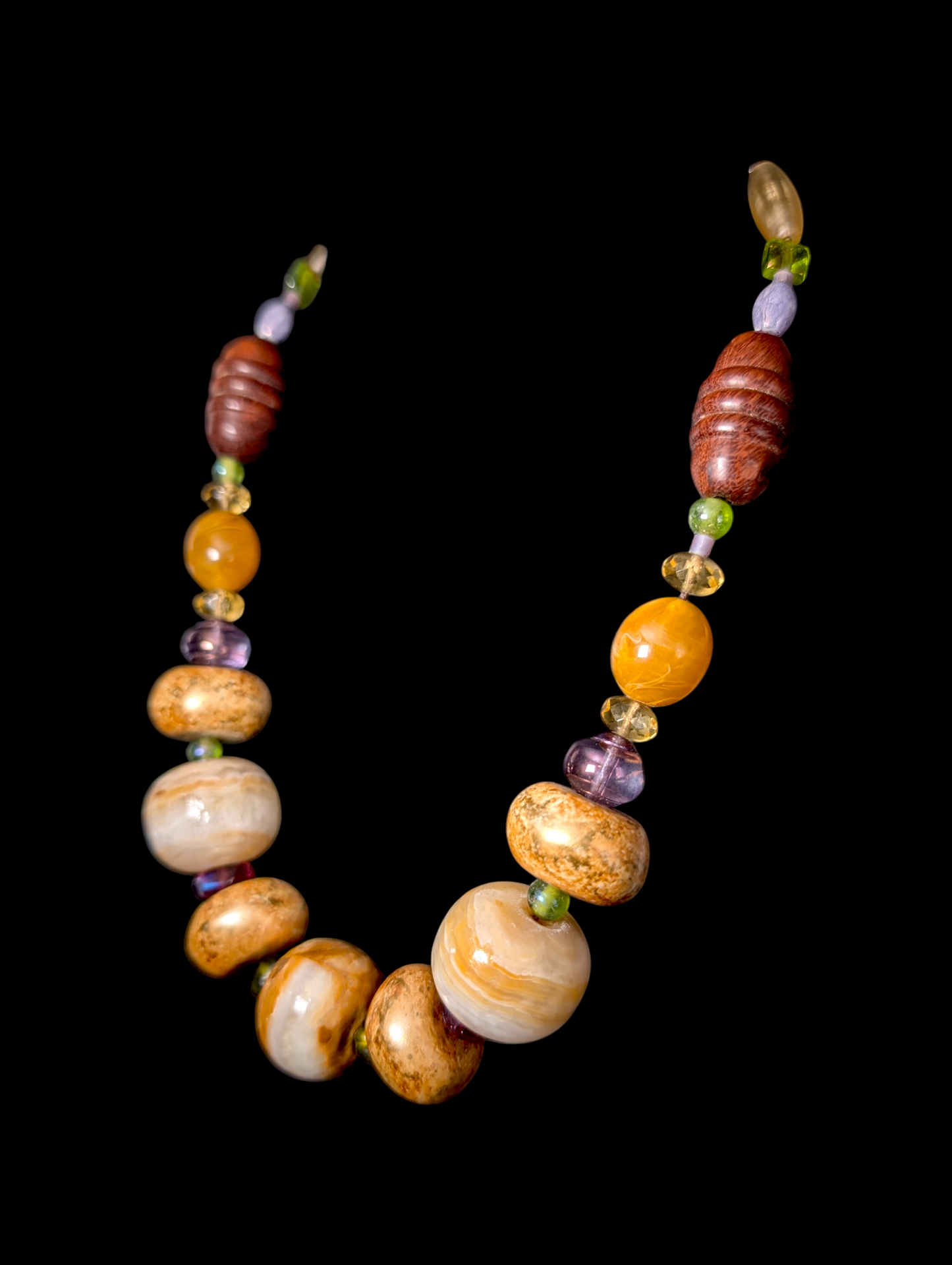 Vintage Inspired Teresa Goodall Chunky Graduating Gemstone and Carved Wood Bead Necklace