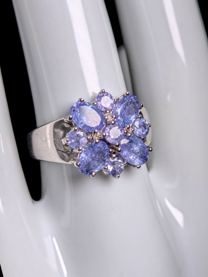 Vintage Earth Mined Genuine Tanzanite Dazzling Flower Cluster Sterling Silver Ring