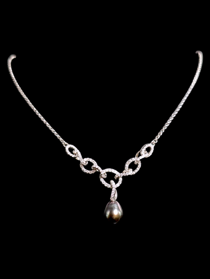 Vintage Genuine Tahitian Black Pearl Solitaire with Simulated Diamond Sterling Silver Drop Pendant Necklace