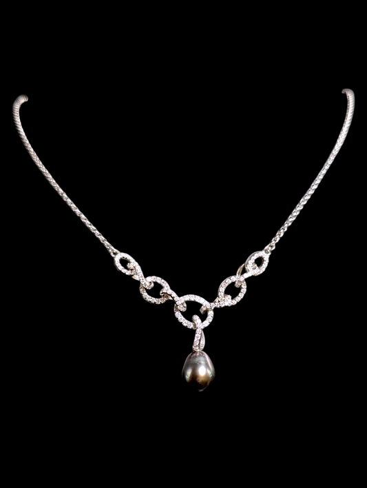 Vintage Genuine Tahitian Black Pearl Solitaire with Simulated Diamond Sterling Silver Drop Pendant Necklace