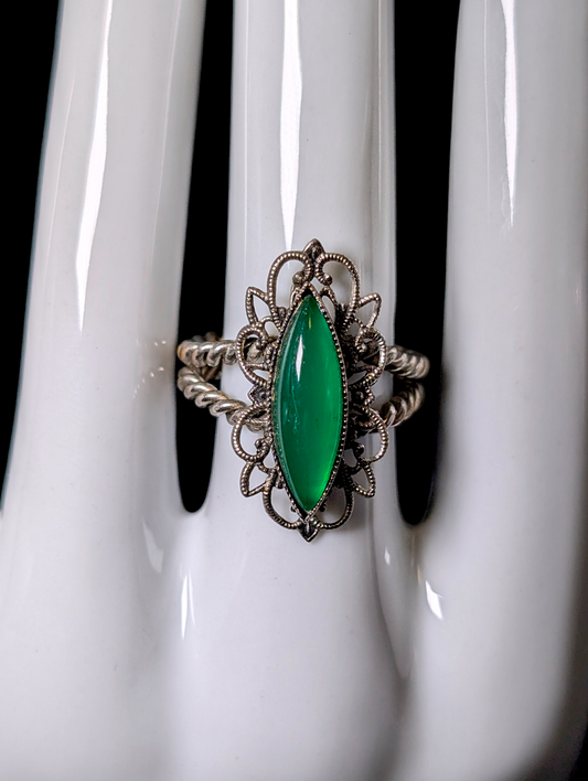 Vintage West Germany Green Solitaire Filigree Rope Silver Toned Adjustable Costume Statement Ring