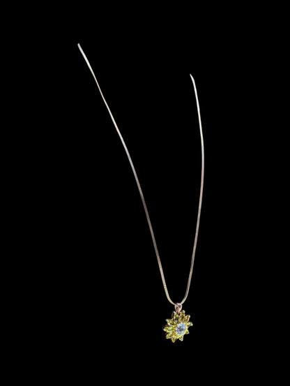 Vintage Genuine Peridot and Topaz Flower Pendant Herringbone Sterling Silver Necklace