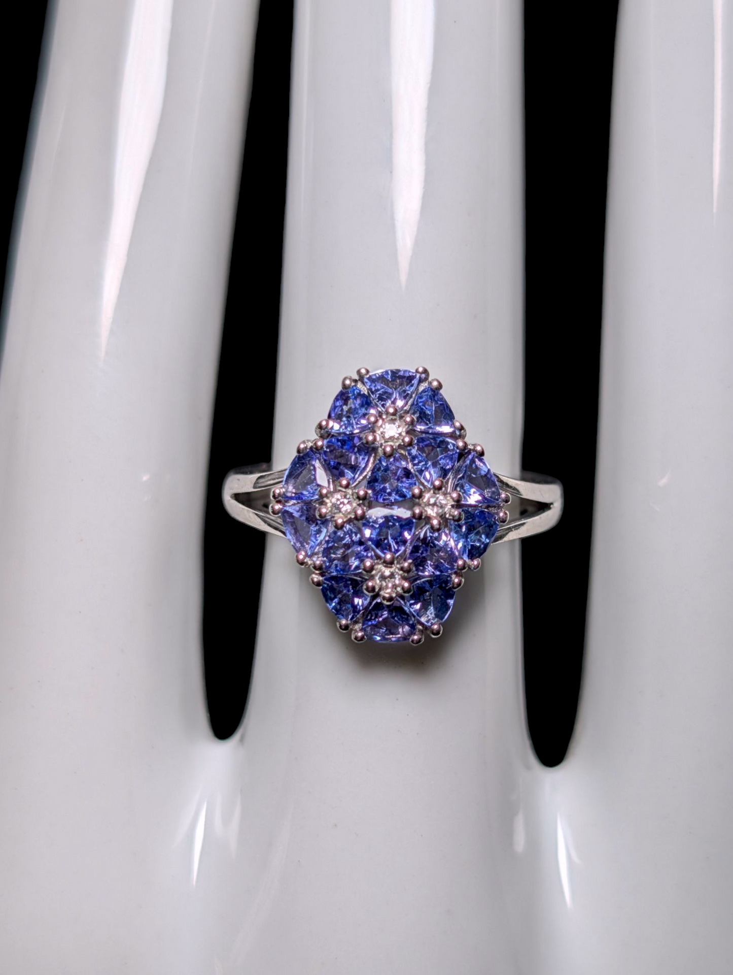 Vintage Flower Cluster Genuine Tanzanite and White Zircon Sterling Silver Ring