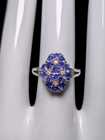 Vintage Flower Cluster Genuine Tanzanite and White Zircon Sterling Silver Ring