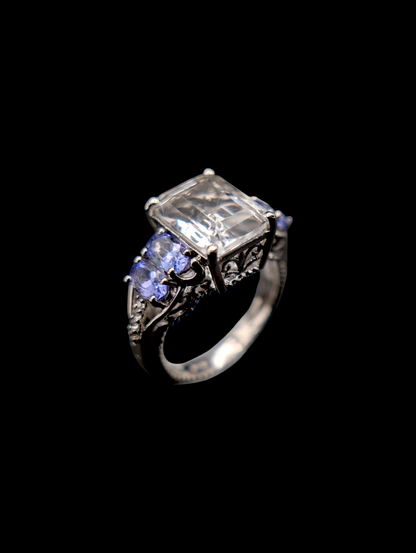 Vintage Inspired Genuine Zircon and Tanzanite Sterling Silver Ring