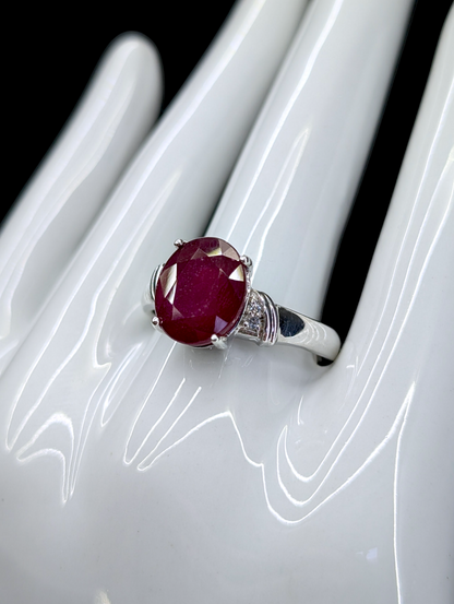 Vintage Large Oval Cut 5 Carat Genuine Ruby Solitaire and Genuine White Topaz Sterling Silver Ring