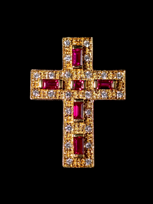 Vintage Marlene Dietrich Replica Cross Emerald Cut Genuine Ruby with Simulated Diamond Accents Yellow Gold over Sterling Pendant