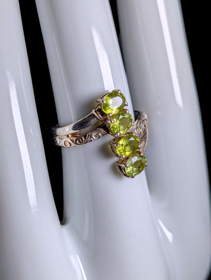 Vintage 4 Stone Genuine Peridot Antique Gold Tone over Sterling Wrap Ring