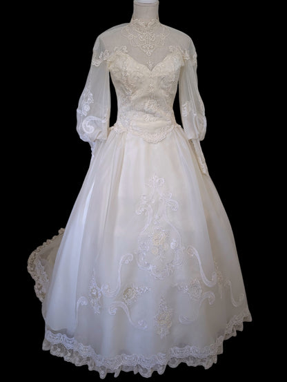Vintage 1980s Victorian Revival Pearl and Sequin Beaded with Mutton Sleeves Wedding Dress