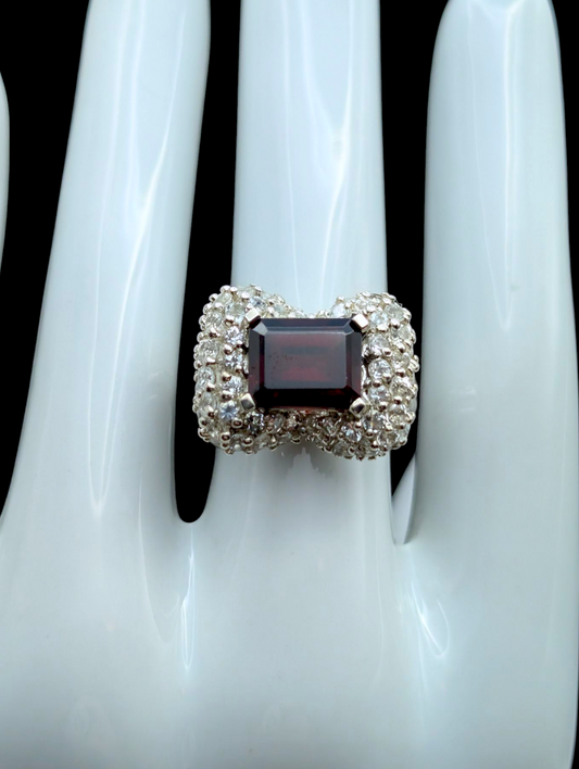 Vintage Bow Genuine Garnet Emerald East West Cut and White Topaz Cluster Sterling Silver Statement Cocktail Ring