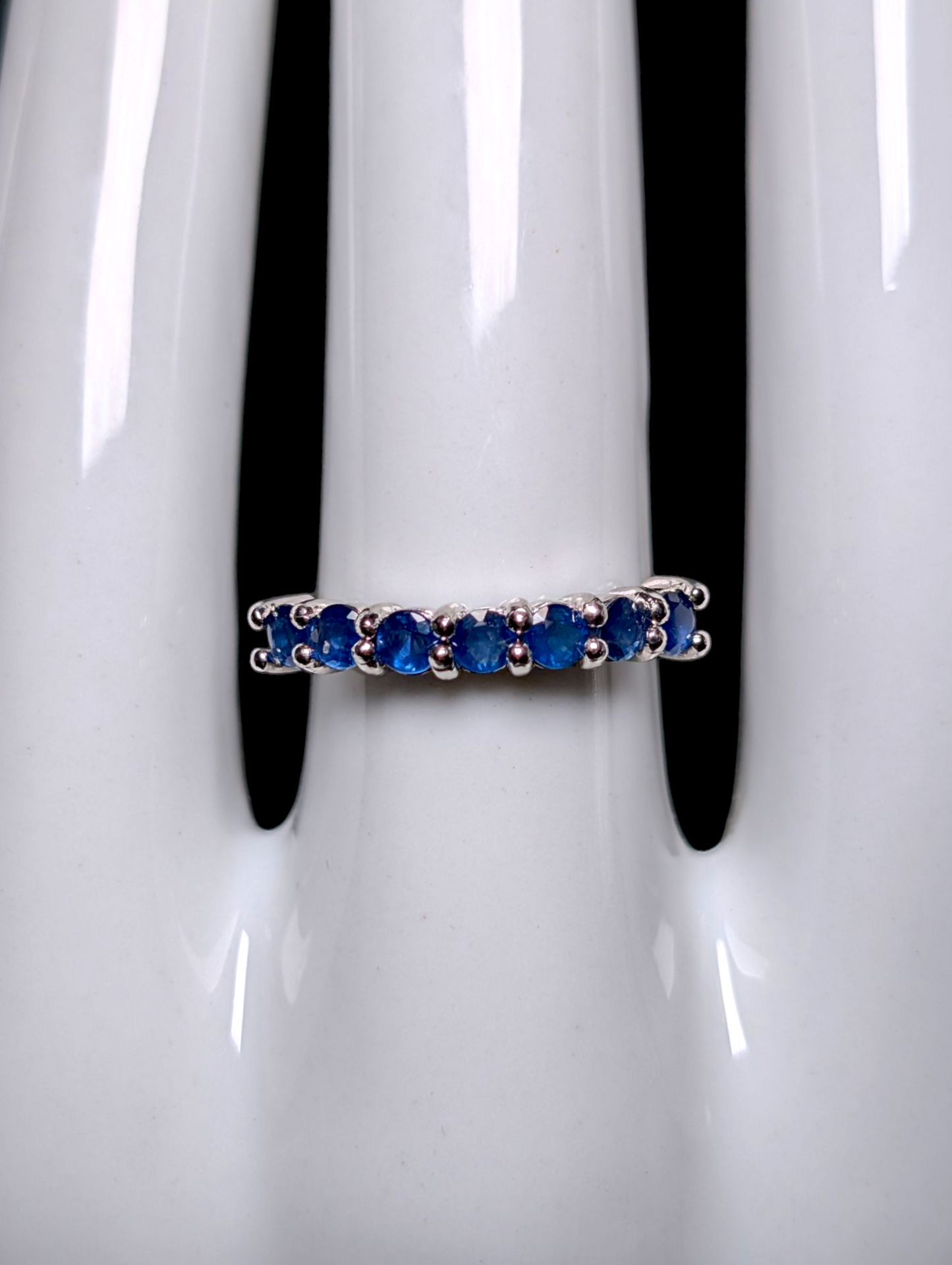 Vintage Round Cut Half Infinity Genuine Royal Blue Sapphire Rhodium Over Sterling Silver Ring Stackable Band