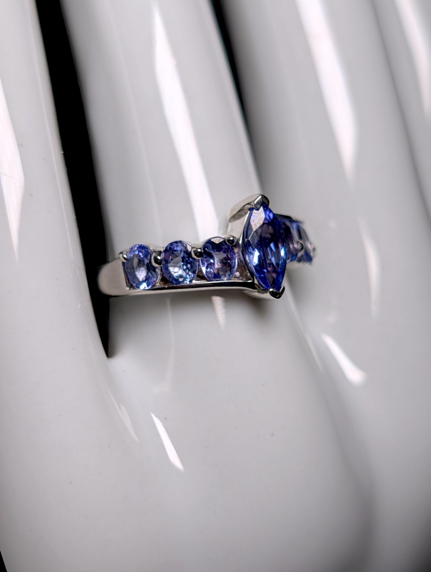 Vintage Floating Marquise Cut Earth Mined Genuine Tanzanite Sterling Silver Crossover Ring