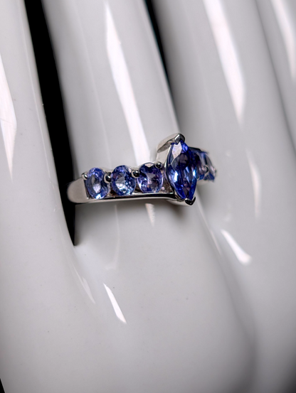 Vintage Floating Marquise Cut Earth Mined Genuine Tanzanite Sterling Silver Crossover Ring