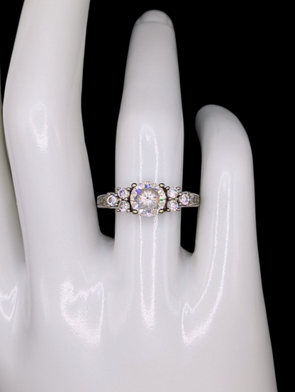 Vintage Round Brilliant Cut Simulated Diamond Solitaire with Triple Accent Stones Sterling Silver Vacation Ring