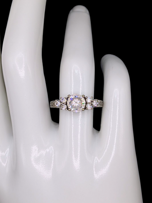Vintage Round Brilliant Cut Simulated Diamond Solitaire with Triple Accent Stones Sterling Silver Vacation Ring