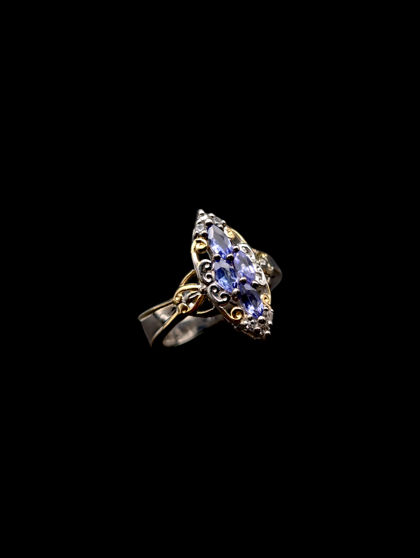 Vintage Inspired Cluster Genuine Tanzanite and White Topaz 14k Gold Vermeil Sterling Silver 925 Ring