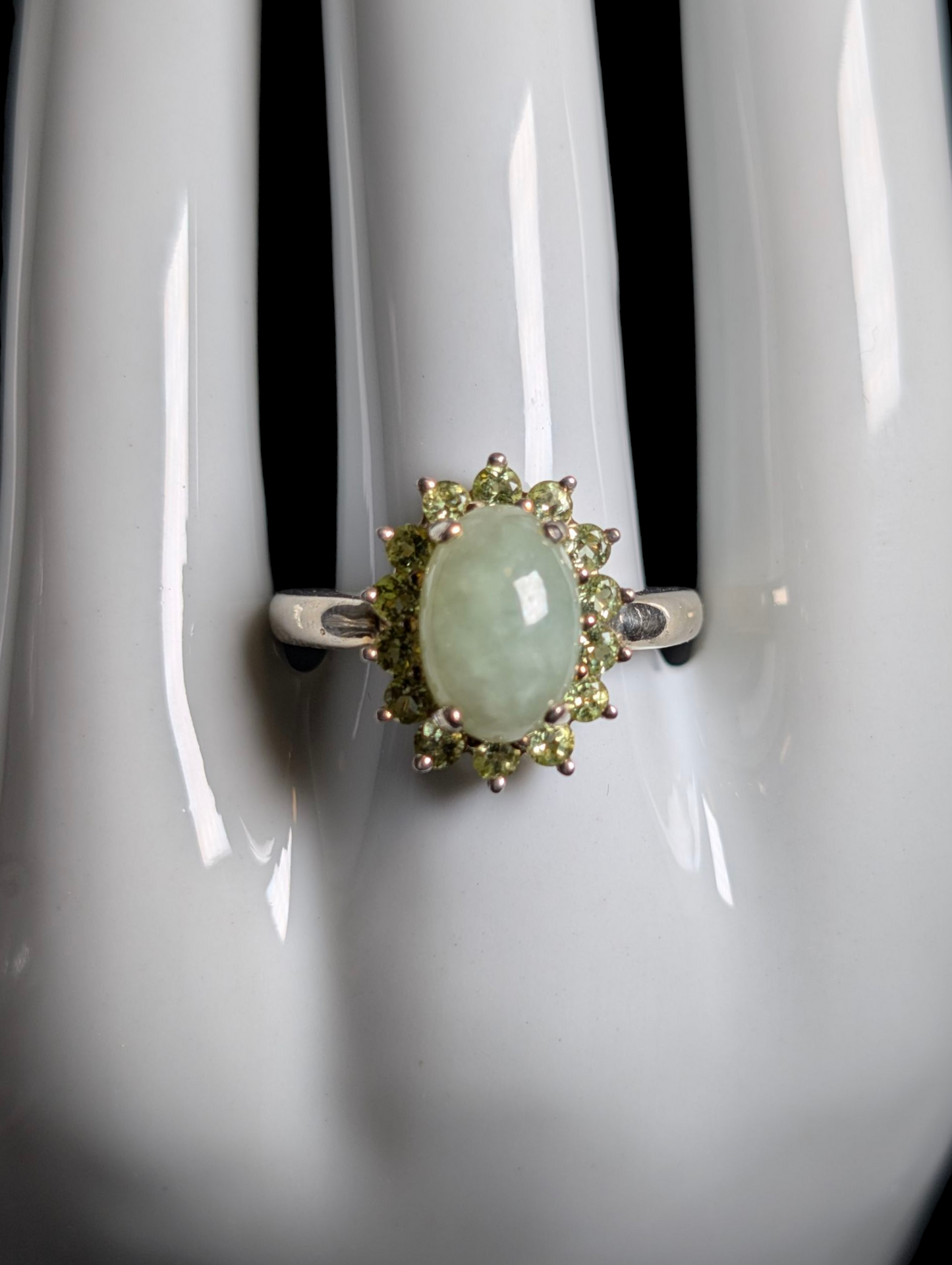 Vintage Earth Mined Genuine Ice Jade with Peridot Halo Sterling Silver Statement Ring