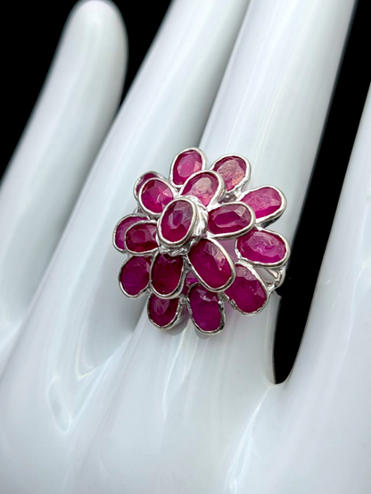 Vintage 11 Carat Bezel Set Earth Mined Genuine Ruby Cluster Ballerina 18k White Gold Plated Statement Ring