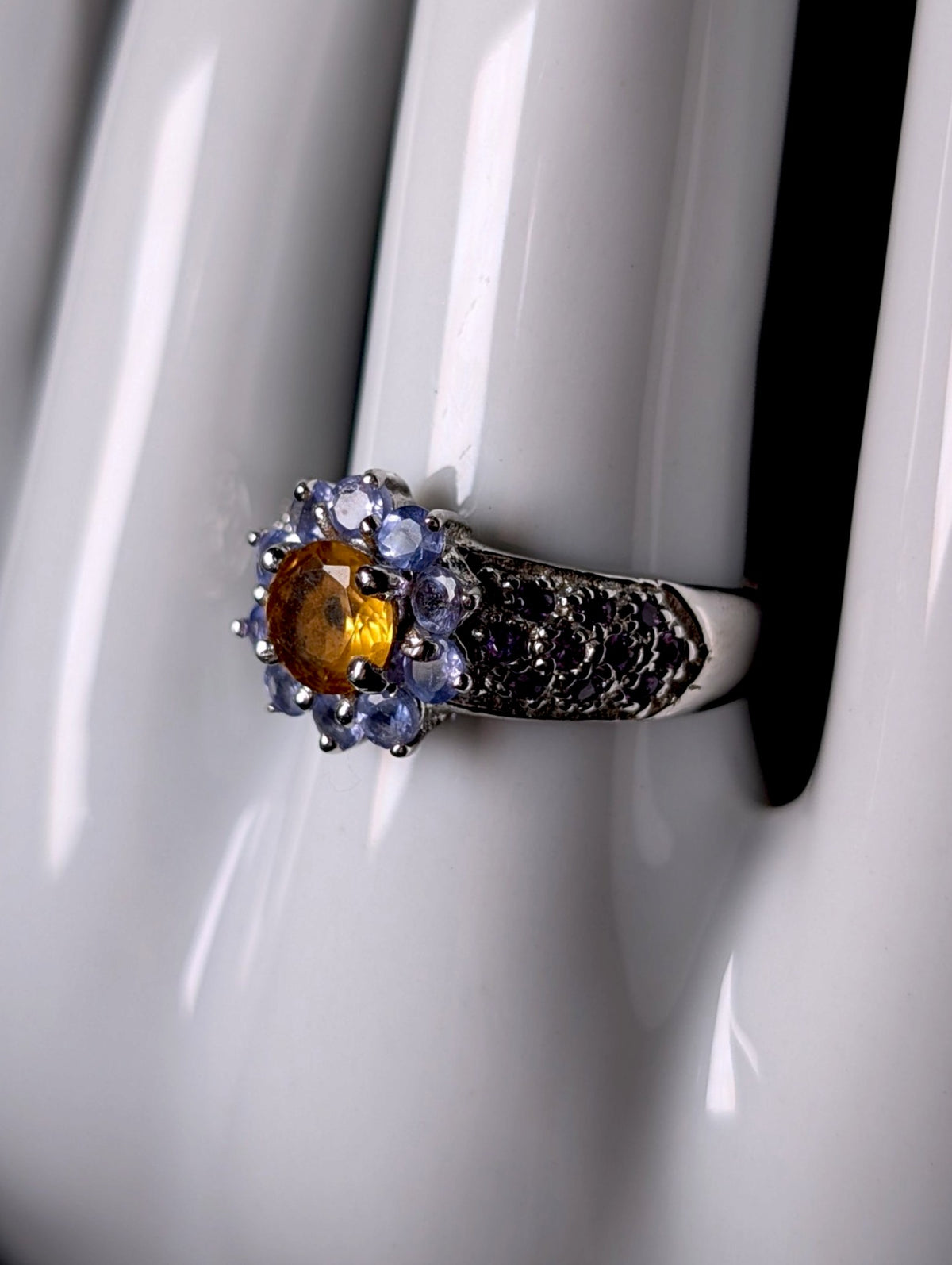Vintage Genuine Citrine, Tanzanite and Amethyst Flower Sterling Silver Ring