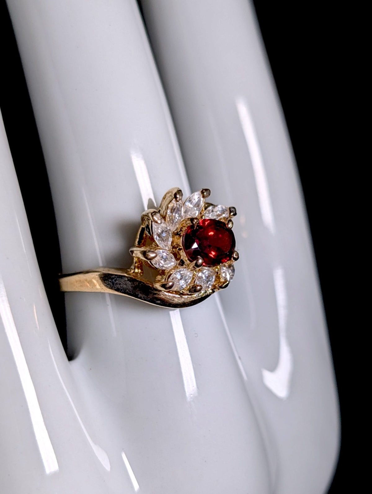 Vintage Genuine Garnet Solitaire with Simulated Diamond Halo Gold Over Sterling Silver Ring