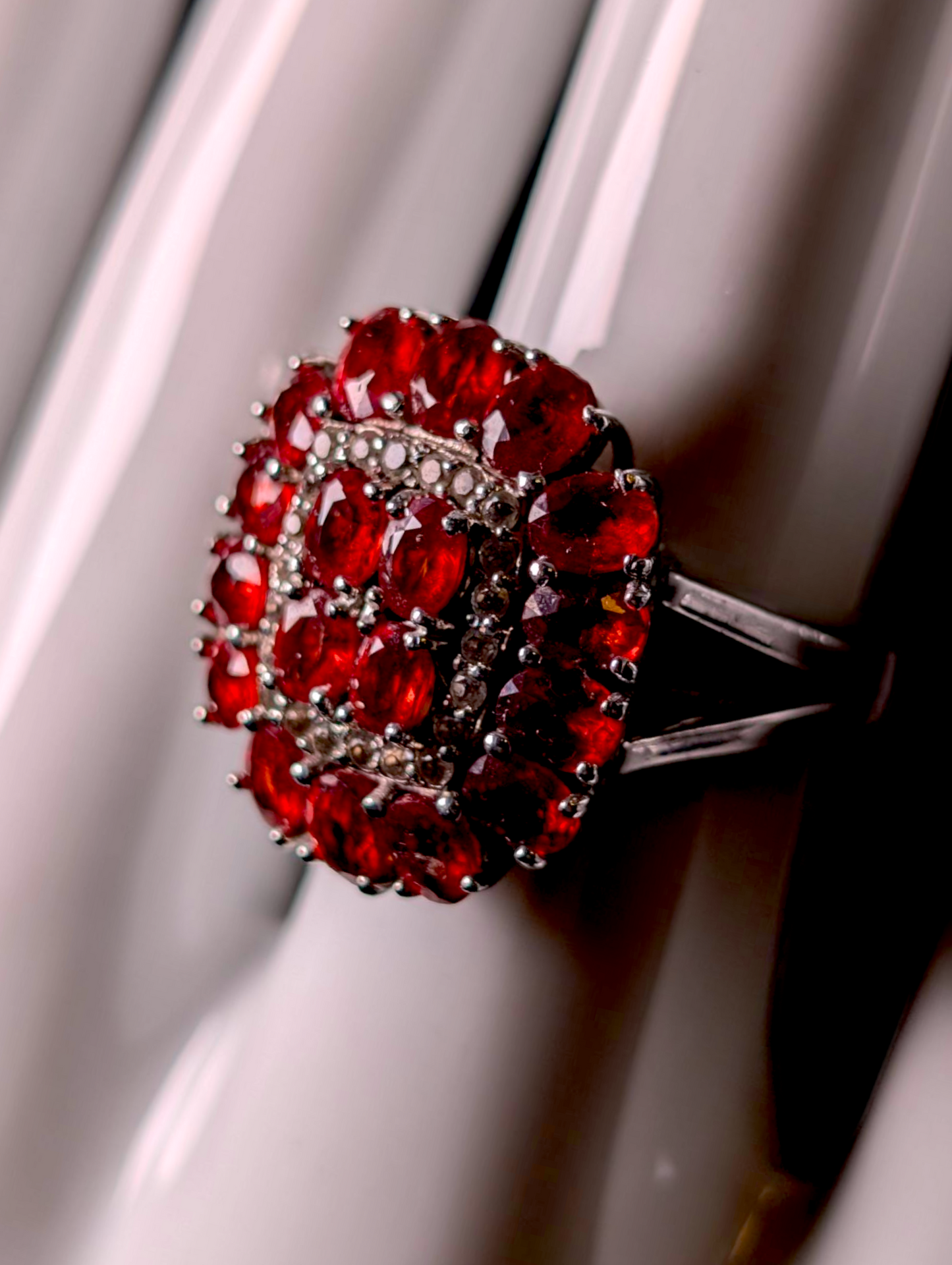 Vintage Art Deco Inspired Genuine Red Sanguine Sapphire and White Zircon Halo Sterling Silver Cluster Statement Ring