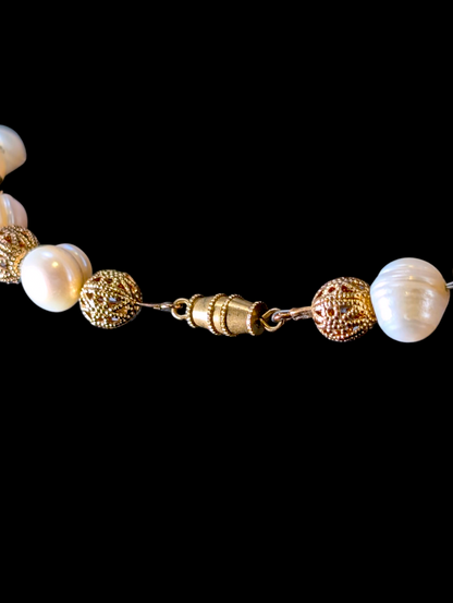 Vintage Baroque Style Genuine Pearls and Gold Toned Filigree Beads Necklace and Bracelet Set