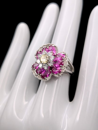 Vintage Pink Sapphire and Simulated Diamond 18k White Gold HGE Sterling Silver Ring