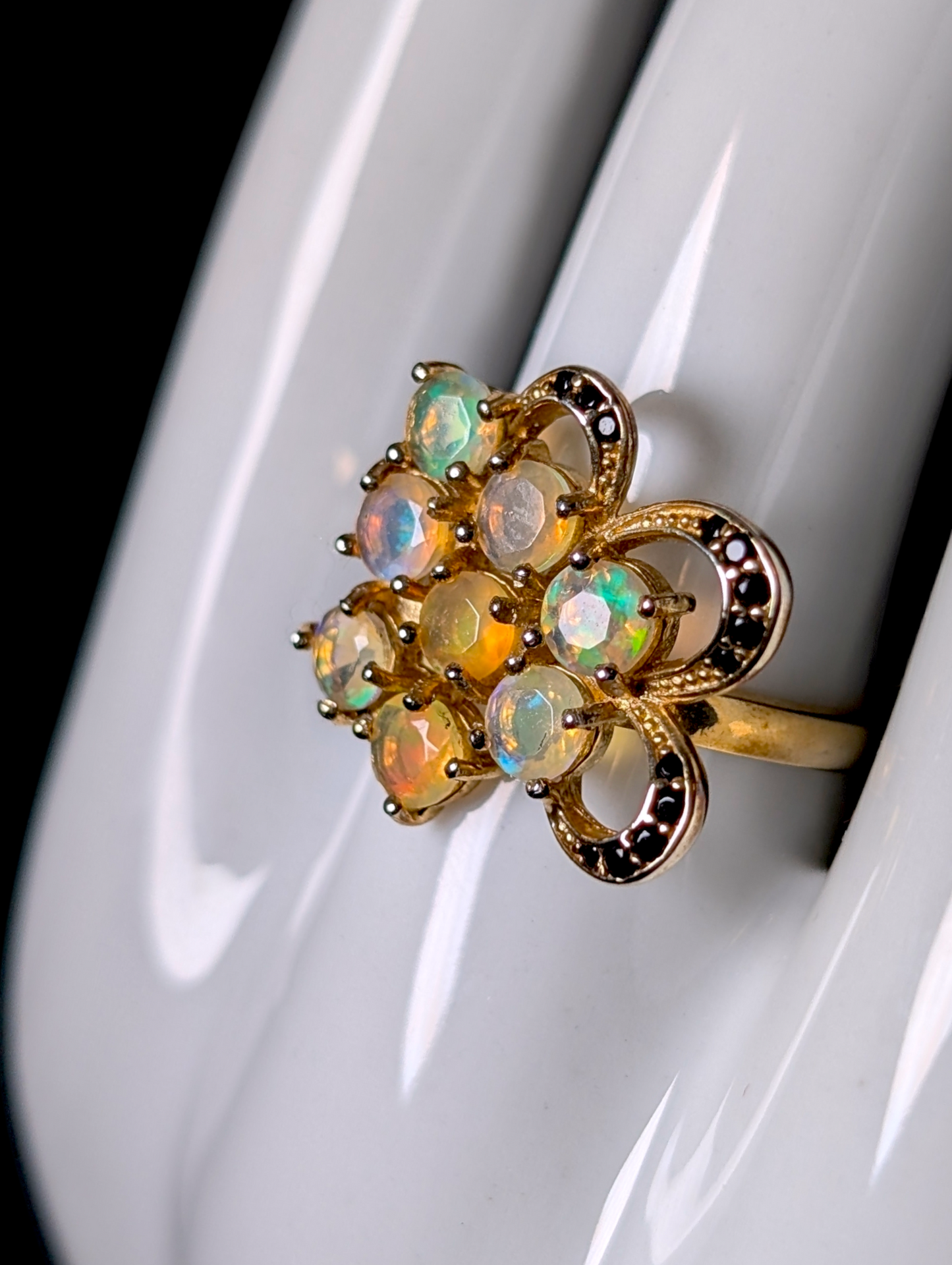 Vintage Round Cut Genuine Fire Opal and Black Onyx Yellow Gold over Sterling Cluster Statement Ring