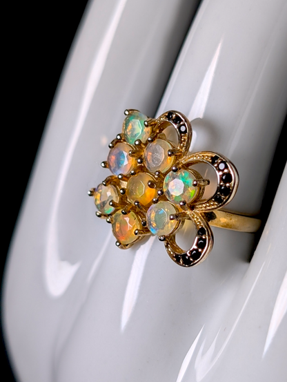 Vintage Round Cut Genuine Fire Opal and Black Onyx Yellow Gold over Sterling Cluster Statement Ring