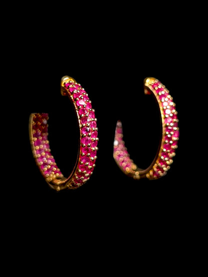 Vintage Genuine Ruby 18k Yellow Gold Vermeil Inside Out Hoop Earrings